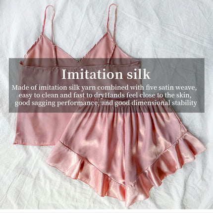 Women's Sexy Imitation Silk Satin Ruffled Pajamas Sets Cami Shorts Sets Sleepwear