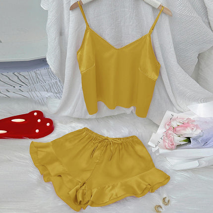 Women's Sexy Imitation Silk Satin Ruffled Pajamas Sets Cami Shorts Sets Sleepwear