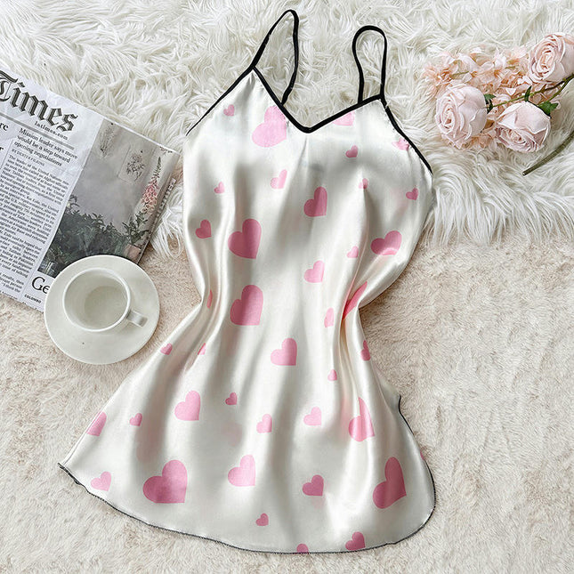 Women's Imitation Silk Nightgown Love V-neck Spaghetti Strap Nightdress