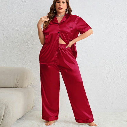 Women's Imitation Silk Pajama Set, 2-Piece Lapel Short-Sleeved Top and Trousers