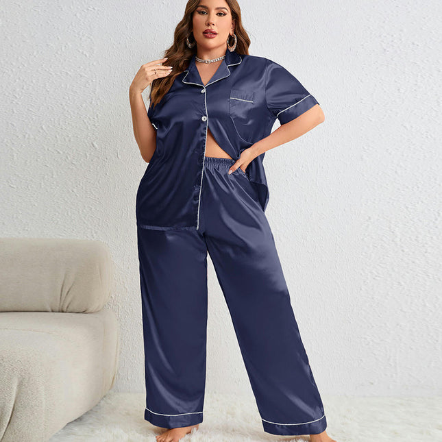 Women's Imitation Silk Pajama Set, 2-Piece Lapel Short-Sleeved Top and Trousers
