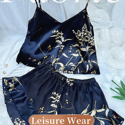 Women's Imitation Silk Satin Pajama Set 2 Piece Camisole and Shorts Nightgown with Ruffles