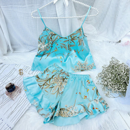 Women's Imitation Silk Satin Pajama Set 2 Piece Camisole and Shorts Nightgown with Ruffles
