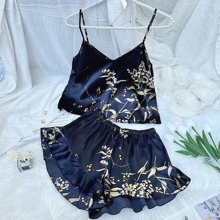 Women's Imitation Silk Satin Pajama Set 2 Piece Camisole and Shorts Nightgown with Ruffles