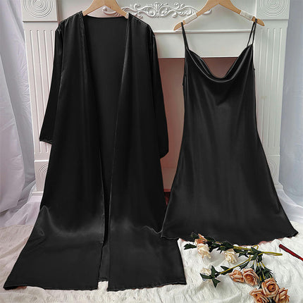 Women's Imitation Silk Kimono Robe Gorgeous Loungewear 2PC Set Sleepwear Camisole & Robe