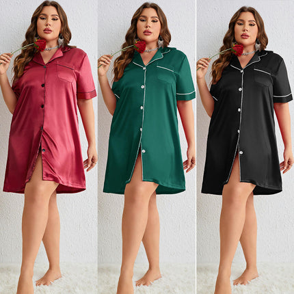 Women's Plus Size Pajamas - Imitation Silk Long Sleeve Button Cardigan Dress