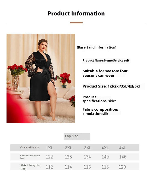 Women's Imitation Silk Pajamas Lace Kimono-Large Size Loose Fashionable Casual Nightgown