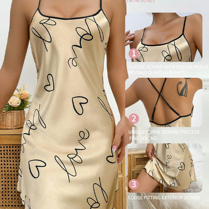 Women's Imitation Silk Nightshirts V Neck Spaghetti Strap Sleeveless Printed Nightdress