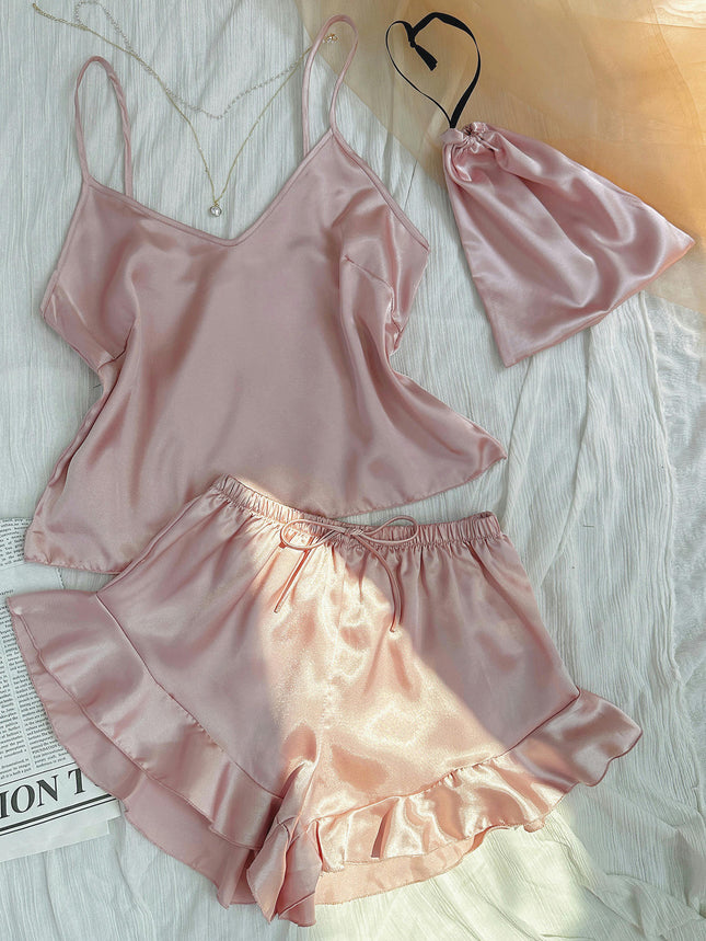 Women Imitation Silk Satin Pajamas Set Camisole vest Ruffle Shorts 2-Piece Set With Storage Bag
