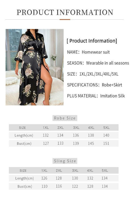 Women's Imitation Silk Long Nightdress Robe Set - Casual Loose Printed Pajamas 2-Piece Set
