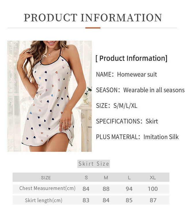Imitation Ice Silk Nightdress Women-Suspender Skirt Sexy Heart Pattern Pajamas