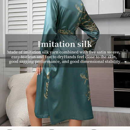 Women's Floral Print Long Sleeve Imitation Silk Satin Bridesmaid Wedding Party Robe
