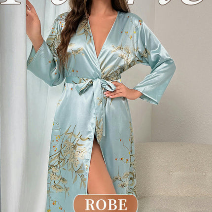 Women's Floral Print Long Sleeve Imitation Silk Satin Bridesmaid Wedding Party Robe