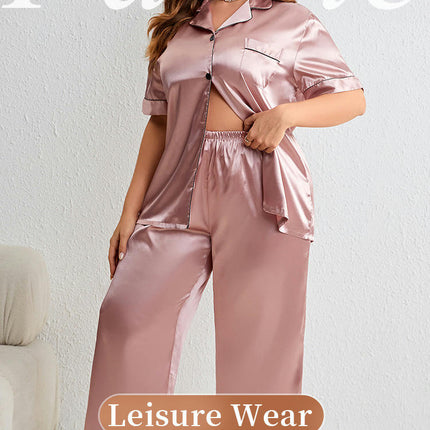 Imitation Silk Set for Women Short Sleeve Classic Sleepwear Button Down Loungewear with Long Pants