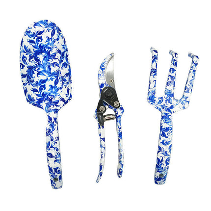 Garden Tools 3-Piece Set Blue and White Porcelain Gardening Garden Supplies Pruning Shears Rake Shovel