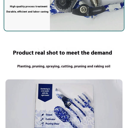 Garden Tools 3-Piece Set Blue and White Porcelain Gardening Garden Supplies Pruning Shears Rake Shovel