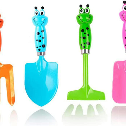 4 Piece Kids Beach Tools, Made of Metal Safe Beach Gardening Set,Fork,Trowel, Rake & Shovel Gifts for Kids