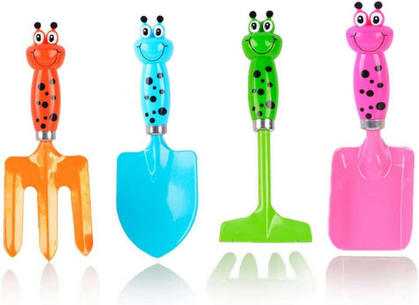 4 Piece Kids Beach Tools, Made of Metal Safe Beach Gardening Set,Fork,Trowel, Rake & Shovel Gifts for Kids