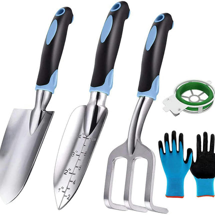 5 Pcs Gardening Tools with Non-Slip Rubber Grip Including Transplanting Spade Trowel Cultivator Ties and Gardening Gloves