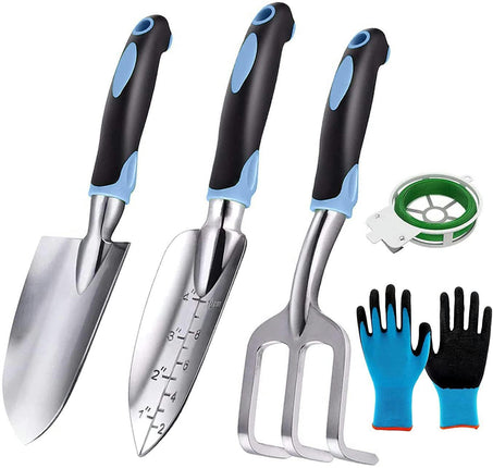 5 Pcs Gardening Tools with Non-Slip Rubber Grip Including Transplanting Spade Trowel Cultivator Ties and Gardening Gloves
