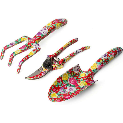 Aluminum Print Garden Tool Set, 3PCS Heavy Duty Hand Garden Tools Include Trowel Rake Pruner and Gloves