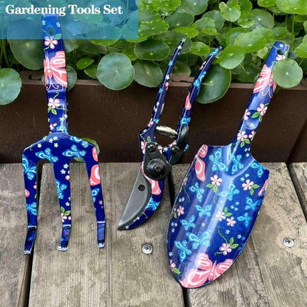 Aluminum Print Garden Tool Set, 3PCS Heavy Duty Hand Garden Tools Include Trowel Rake Pruner and Gloves