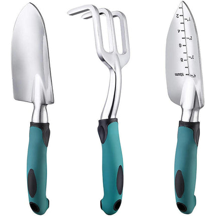 3 Pieces Aluminum Heavy Gardening Kit Hand Shovel, Transplant Shovel and Hand Rake with Soft Rubber Non-Slip Handle