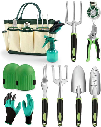 Garden Tool Set, 11Piece Cast-Aluminum Gardening Kit with Rubberized Non-Slip Handle and Tool Bag