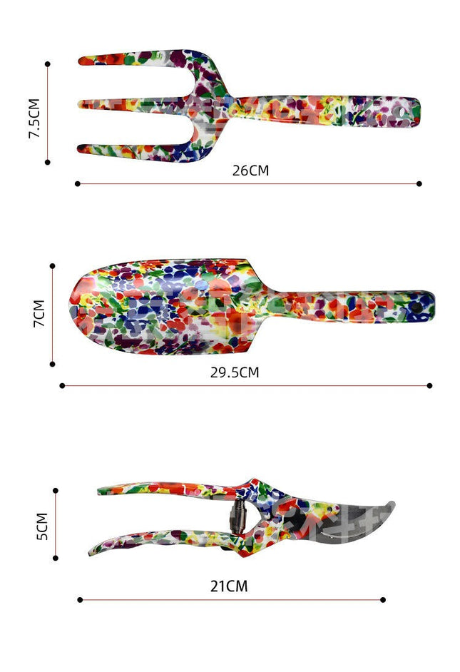 Printed Garden Tool Set - Shovel, Fork, Scissors 3-piece Set of Flower and Grass Care Gardening Tools