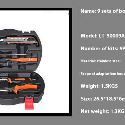 9-Piece Tool Set - Universal Household Manual Stainless Steel Tool Kit with Plastic Tool Box Storage Box