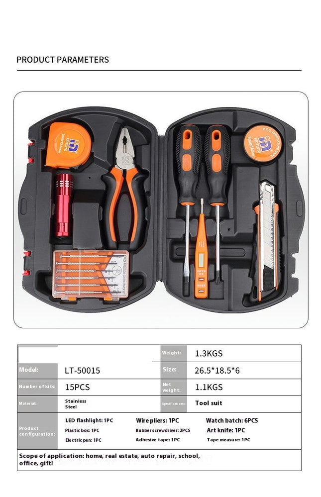 15 Piece Household Tool Set, Universal Hand Tool Kit with Plastic Tool Box Storage Box