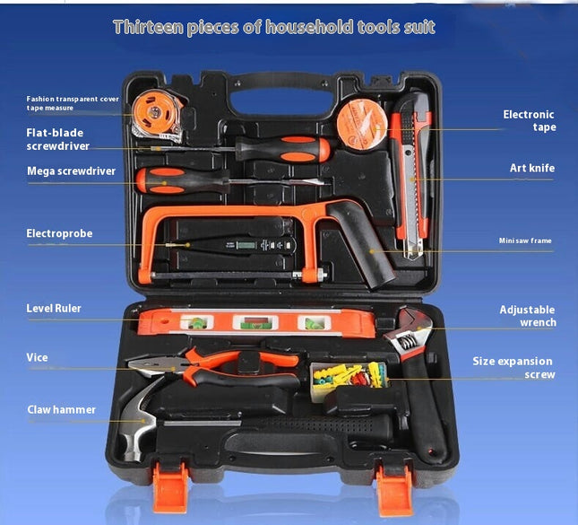 13-Piece Household Basic Hand Tool Kit with plastic Storage Toolbox for DIY, Home Mainte