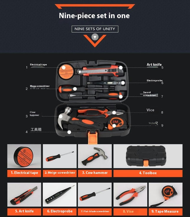 9-Piece Household Combination Tool Kit - Universal Hand Tool Set with Plastic Tool Case