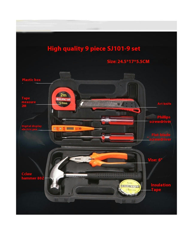 Tool Set 9 Pieces General Household Small Hand Tool Kit with Plastic Tool Box Storage Case