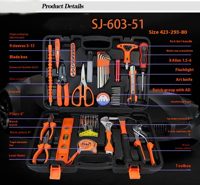 51 Piece Tool Set General Household Hand Kit with Plastic Toolbox Storage Case