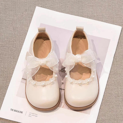 Girls Faux Leather Shoes Princess Mary Jane Pearls Low Heels Shoes