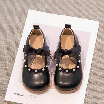 Girls Faux Leather Shoes Princess Mary Jane Pearls Low Heels Shoes