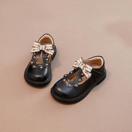 Girls Faux Leather Shoes Cute Bow Shoes Satin Ankle Tie Flower Girls for Wedding Party