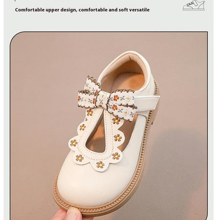 Girls Faux Leather Shoes Cute Bow Shoes Satin Ankle Tie Flower Girls for Wedding Party
