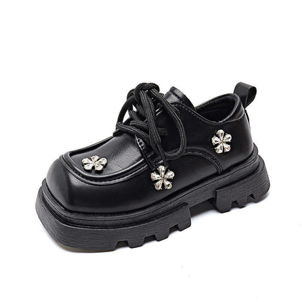 Little Girls Vintage Faux Leather Shoe Perforated Lace Up Toe Low Heel Faux Leather Shoe