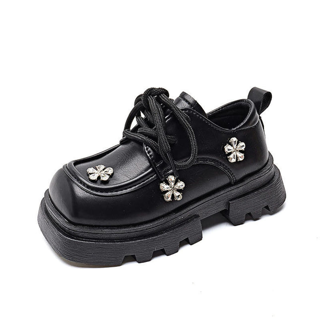 Little Girls Vintage Faux Leather Shoe Perforated Lace Up Toe Low Heel Faux Leather Shoe
