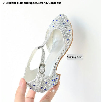 Girls High Heels Dress Shoes Princess Rhinestone Mary Jane Faux Leather Shoes