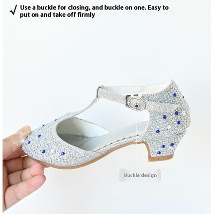 Girls High Heels Dress Shoes Princess Rhinestone Mary Jane Faux Leather Shoes