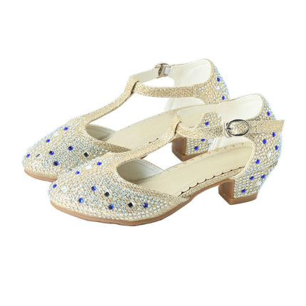 Girls High Heels Dress Shoes Princess Rhinestone Mary Jane Faux Leather Shoes