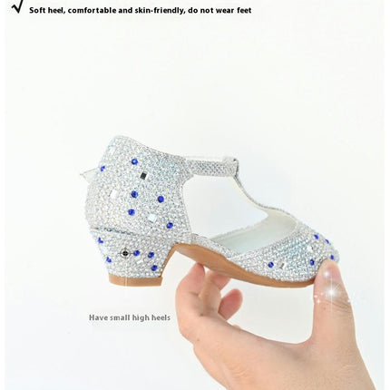 Girls High Heels Dress Shoes Princess Rhinestone Mary Jane Faux Leather Shoes