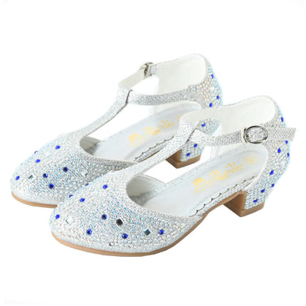 Girls High Heels Dress Shoes Princess Rhinestone Mary Jane Faux Leather Shoes