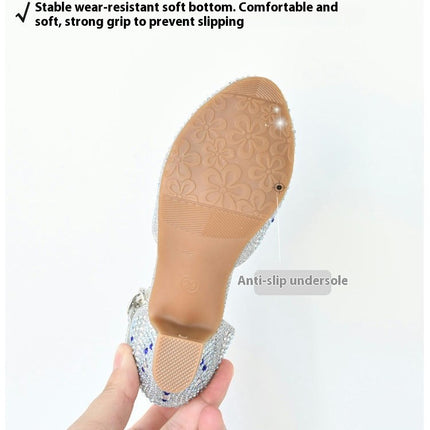 Girls High Heels Dress Shoes Princess Rhinestone Mary Jane Faux Leather Shoes
