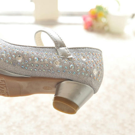 Girls High Heel Dress Shoes Princess Sparkle Rhinestone Mary Jane Faux Leather Shoes