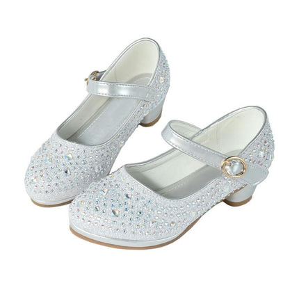 Girls High Heel Dress Shoes Princess Sparkle Rhinestone Mary Jane Faux Leather Shoes