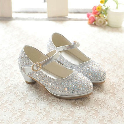 Girls High Heel Dress Shoes Princess Sparkle Rhinestone Mary Jane Faux Leather Shoes